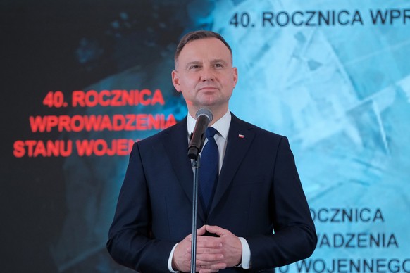 epa09640133 Polish President Andrzej Duda speaks during a ceremony marking the 40th anniversary of the imposition of martial law in Poland at the Museum of Cursed Soldiers and Political Prisoners of t ...