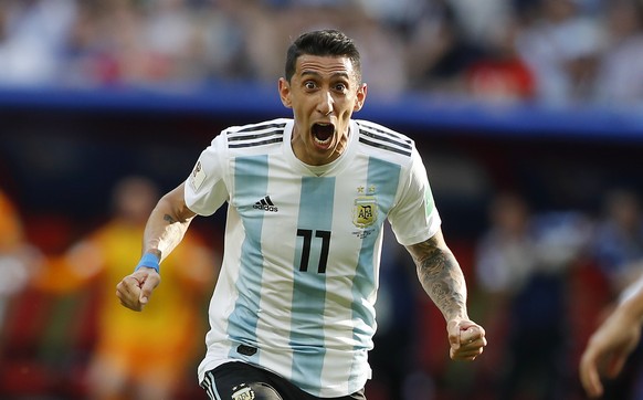 Argentina&#039;s Angel Di Maria celebrates after scoring his side&#039;s first goal during the round of 16 match between France and Argentina, at the 2018 soccer World Cup at the Kazan Arena in Kazan, ...