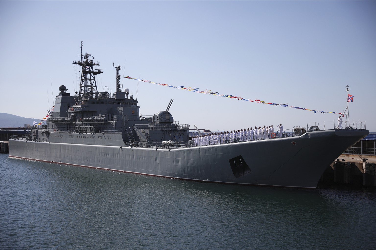 The Olenegorsky Gornyak warship stands moored at a harbour of Novorossiysk, Russia, Sunday, July 30, 2023. Russia accused Ukraine early Friday Aug. 4, 2023 of attacking its Black Sea navy base in the  ...