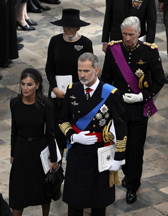 Queen Mathilde of Belgium, King Philippe of Belgium, Queen Letizia of Spain and King Felipe VI of Spain walk, during the State Funeral of Queen Elizabeth II at Westminster Abbey, in London, Monday Sep ...