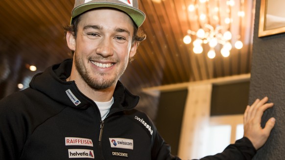 Luca Aerni of Switzerland poses for photographer during the Swiss-Ski federation press conference at the FIS Ski World Cup race in Adelboden, Switzerland, Friday, January 6, 2017. (KEYSTONE/Jean-Chris ...