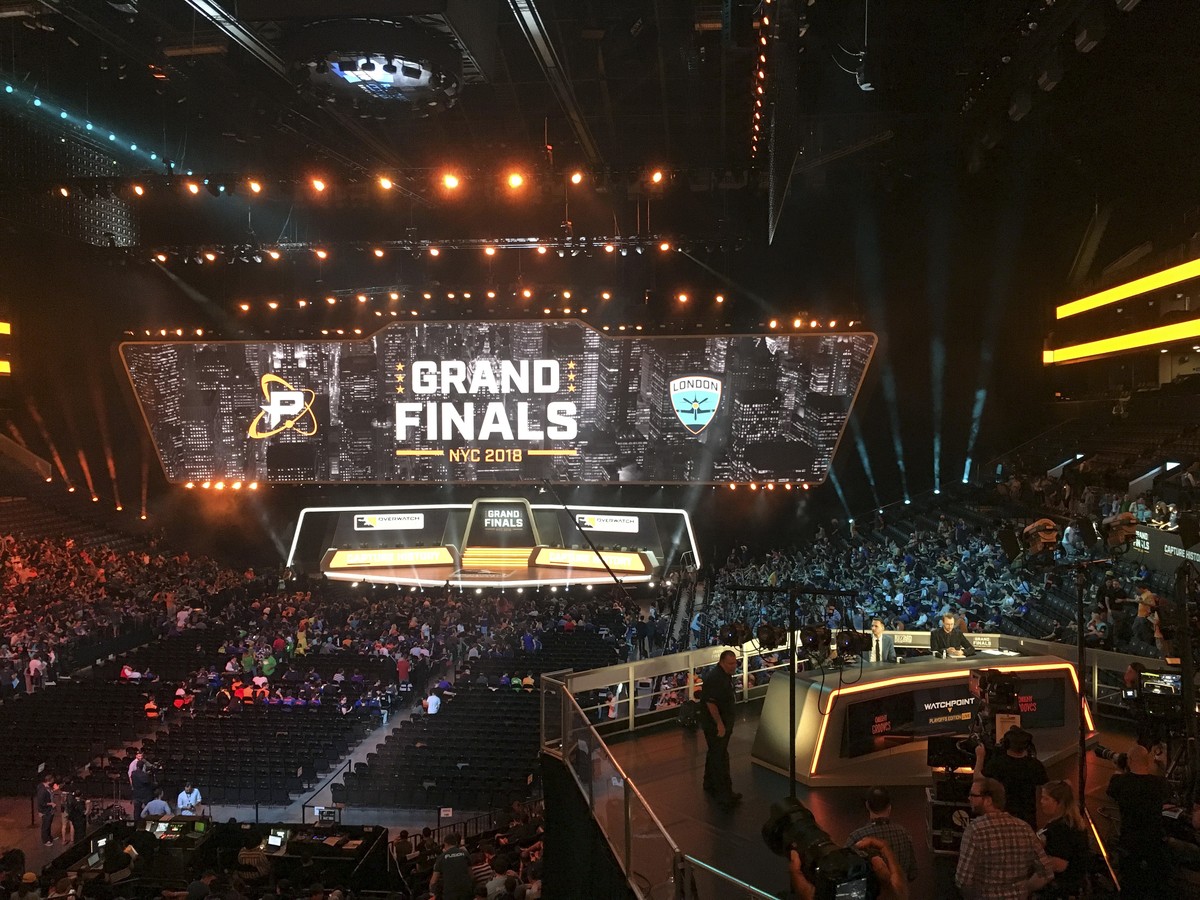 In this Friday, July 27, 2018, fans fill the arena as the stage is set for the Overwatch League Grand Finals' first night of competition, at the Barclays Center in the Brooklyn borough of New Yor ...