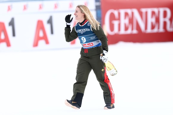 epa11888275 Silver medalist Lara Gut-Behrami of Switzerland celebrates during the podium ceremony of Women's Team Combined event at the FIS Alpine Skiing World Championships in Saalbach Hintergle ...
