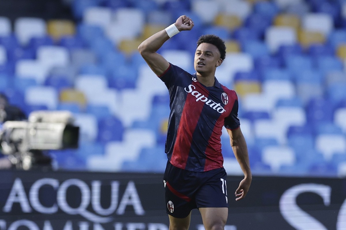 Bologna's Dan Ndoye celebrates after scoring during the Serie A soccer match between Napoli and Bologna at the Diego Armando Maradona Stadium in Naples, Italy, Saturday, May 11 , 2024. (Alessandr ...