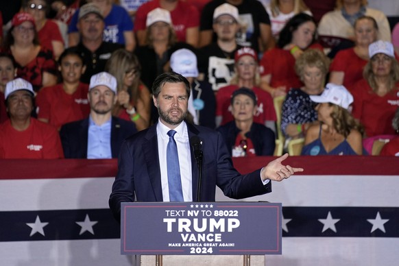Republican vice presidential nominee Sen. JD Vance, R-Ohio, speaks at a campaign rally Wednesday, Oct. 23, 2024, in Las Vegas. (AP Photo/John Locher)