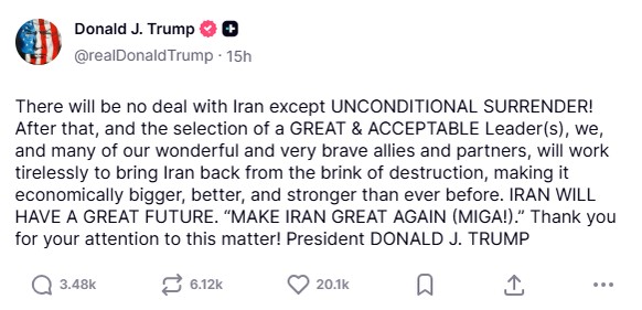 Truth Social Trump Iran Unconditional Surrender