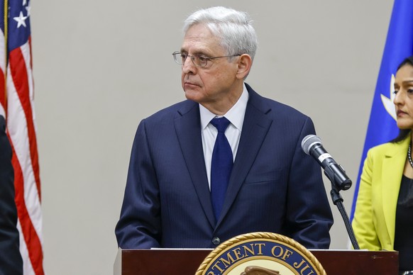 epa11088105 U.S. Attorney General Merrick B. Garland speaks during a press conference at the Herby Ham Activity Center in Uvalde, Texas, U.S., January 18, 2024. The U.S. Department of Justice has announced the c...