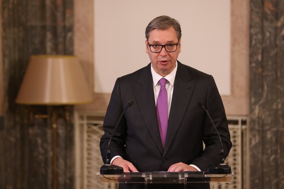 epa10146715 Serbian President Aleksandar Vucic talks during the decoration ceremony for Cuba&#039;s Foreign Minister Bruno Rodriguez Parrilla (not pictured) in Belgrade, Serbia, 30 August 2022. Cuba&# ...