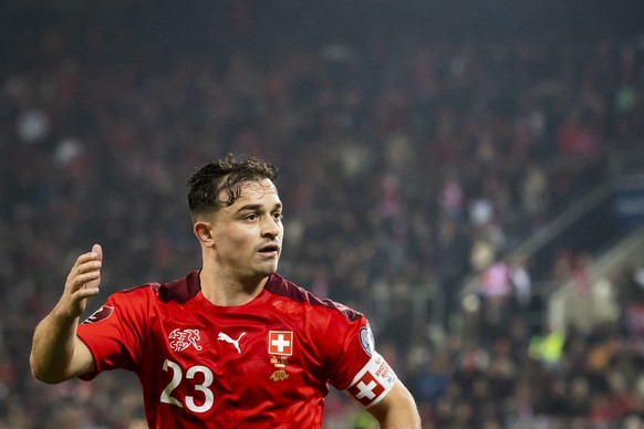 Switzerland's midfielder Xherdan Shaqiri reacts during the 2022 FIFA World Cup European Qualifying Group C match between Switzerland and Bulgaria at the Swissporarena stadium in Lucerne, Switzerl ...