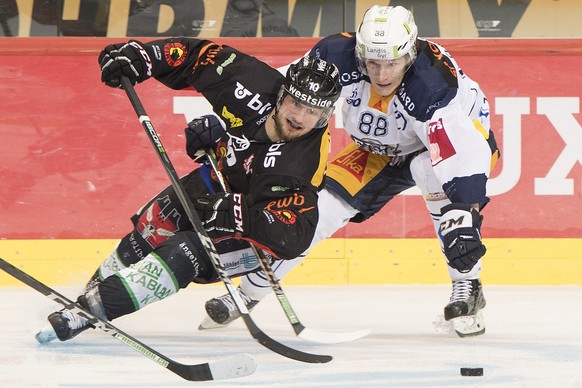 Berns Tristan Scherwey, links, und Zugs Sven Senteler, rechts, kaempfen um den Puck, beim Eishockey Meisterschaftsspiel der National League zwischen den SC Bern und dem EV Zug, am Samstag, 4. November ...