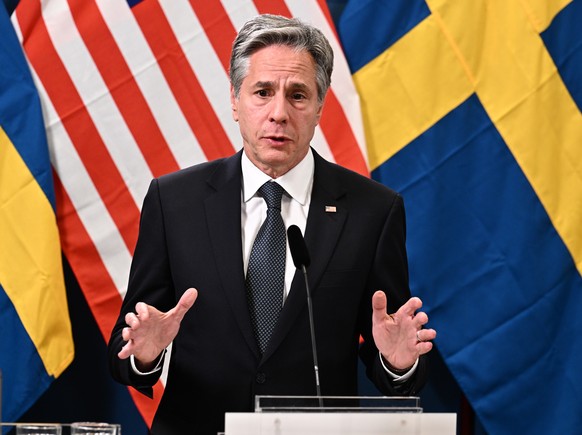 epa10663714 US Secretary of State Antony Blinken speaks during a press meeting at F 21 air fleet, Kallaxheden in Lulea, Sweden, 30 May 2023. Sweden&#039;s EU presidency arranges a meeting of the trade ...