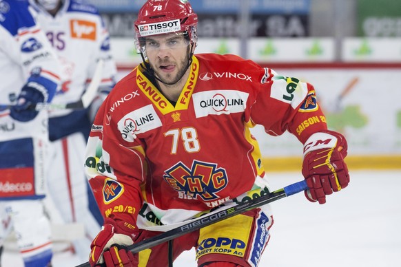 Biels Marc-Antoine Pouliot, waehrend dem Meisterschaftsspiel der National League zwischen dem EHC Biel und den ZSC Lions, am Freitag, 26. Februar 2021, in der Tissot Arena in Biel. (KEYSTONE /Marcel B ...