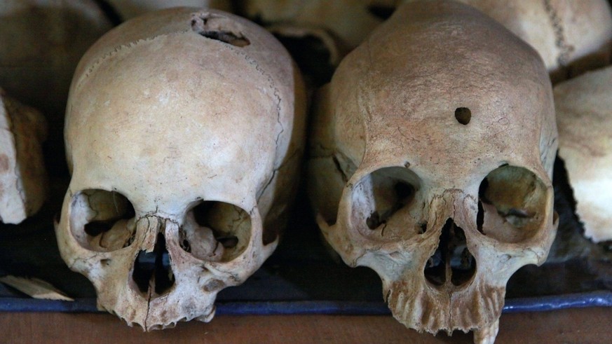 March 13, 2016 - Ntarama, Bugesera, Rwanda - The skulls of these genocide victims display signs of a bullet wound and a blow from a blunt object such as a club. They are displayed at the Ntarama Genoc ...