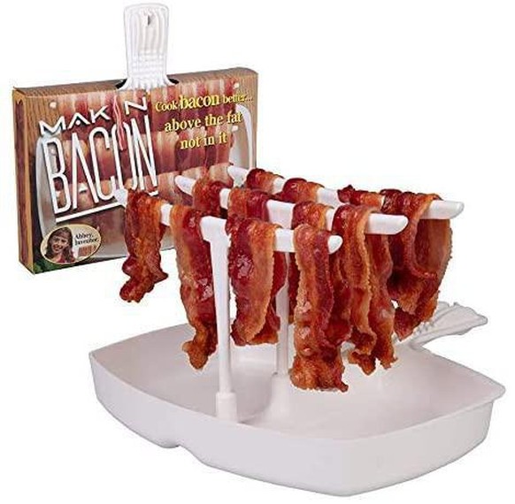 «Makin Bacon» heisst Abbey Flecks Erfindung für das Zubereiten von Speck in der Mikrowelle. «Reduziert Fett bis zu 35 % – für ein gesundes Frühstück!»