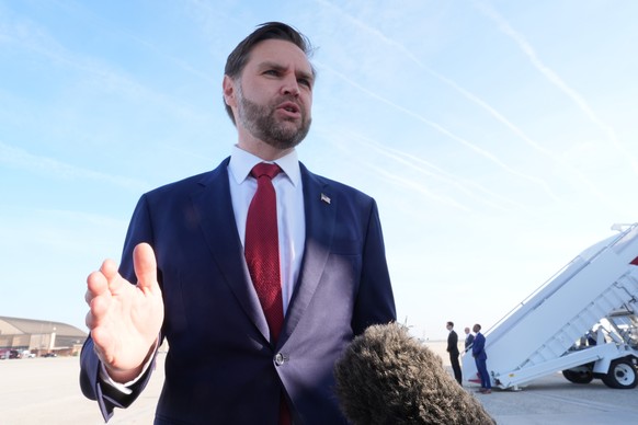 Vice President JD Vance speaks to the press before boarding Air Force Two, Friday, April 10, 2026, at Joint Base Andrews, Md., for expected departure to Pakistan, for talks on Iran. (AP Photo/Jacquely ...