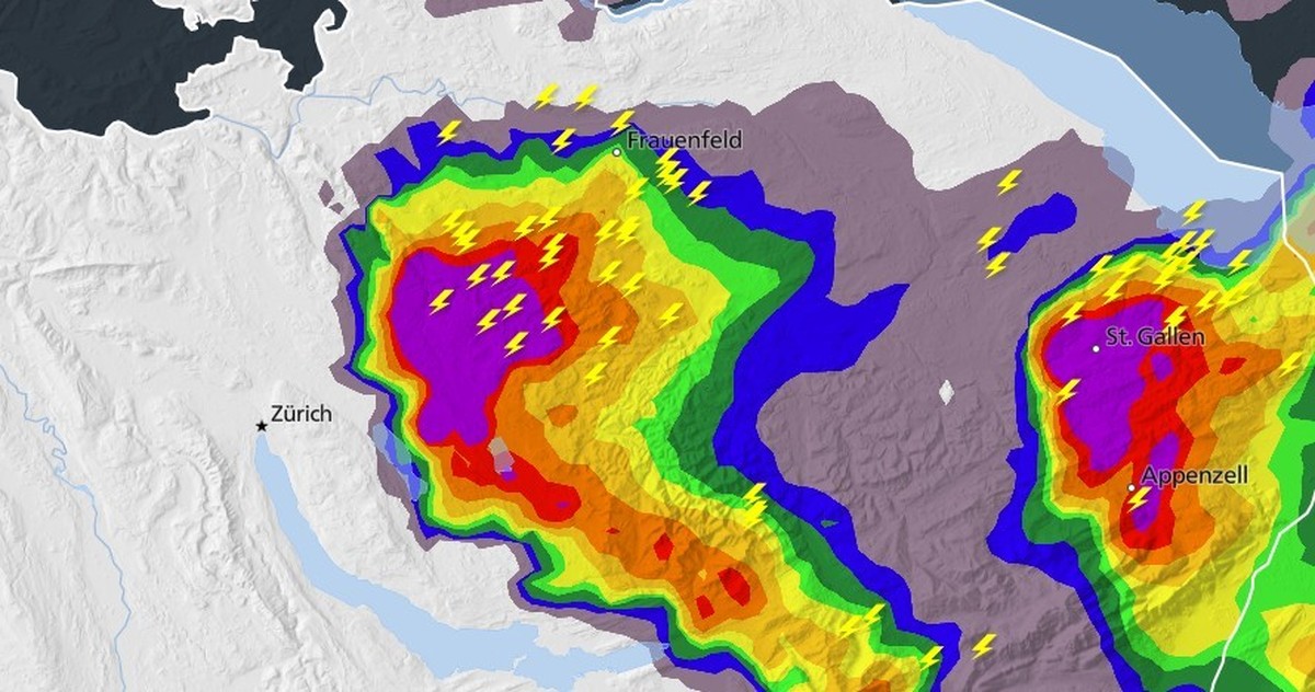 Das Unwetter, auf MeteoSchweiz abgebildet.