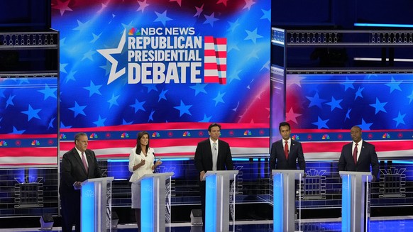 Republican presidential candidates from left, former New Jersey Gov. Chris Christie, former UN Ambassador Nikki Haley, Florida Gov. Ron DeSantis, businessman Vivek Ramaswamy and Sen. Tim Scott, R-S.C. ...