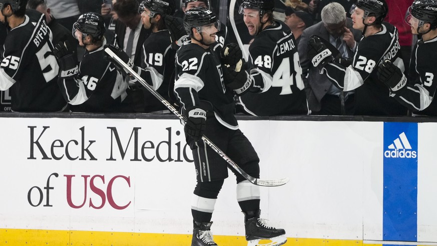 Los Angeles Kings&#039; Kevin Fiala (22) celebrates his goal during the first period of an NHL hockey game against the Edmonton Oilers Monday, Jan. 9, 2023, in Los Angeles. (AP Photo/Jae C. Hong)