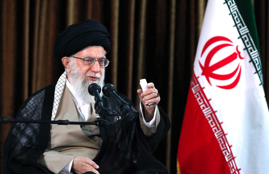epa06902949 A handout photo made available by the Iranian Supreme Leader office shows, Iranian Supreme Leader Ayatollah Ali Khamenei speaking during a meeting with officials of Iranian Foreign Ministr ...