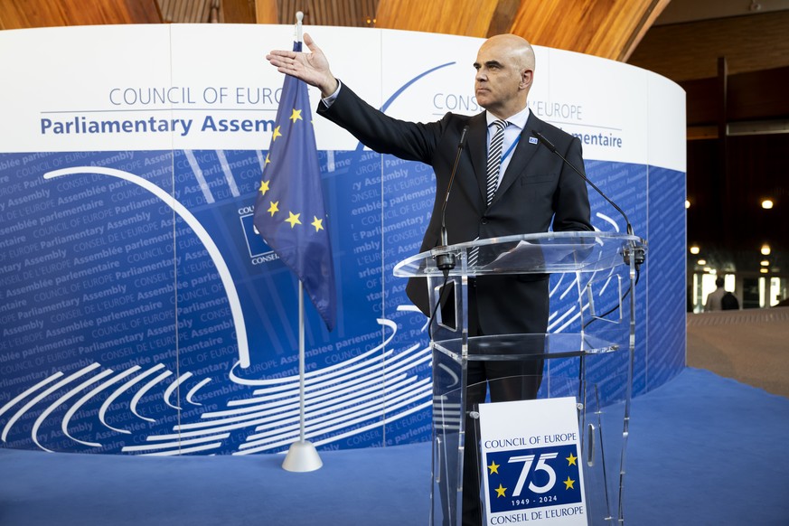 epa11437332 New elected Secretary General of the Council of Europe, Switzerland&#039;s Alain Berset, gestures during a press conference after his election, in the hall of the Palace of Europe (Palais  ...