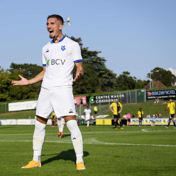 L&#039;attaquant lausannois Andi Zeqiri celebre le 2 a 1 lors de la rencontre de football du 2eme tour de la Coupe Suisse entre le club de Promotion League du FC Stade Nyonnais et le club de Super Lea ...