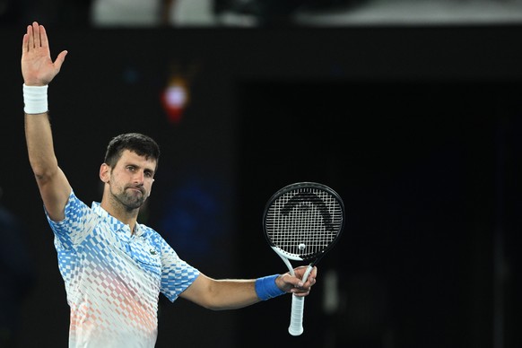epa10428364 Novak Djokovic of Serbia celebrates after winning his quarterfinal match against Andrey Rublev of Russia at the 2023 Australian Open tennis tournament in Melbourne, Australia, 25 January 2 ...