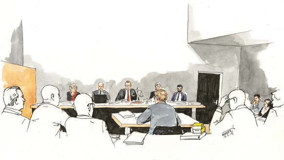 QUALITY REPEAT - View into the courtroom with the accused Thomas N. (right outside) in the trial for the quadruple murder of Rupperswil, on Tuesday, March 13, 2018 in Schafisheim, Switzerland. Thomas  ...