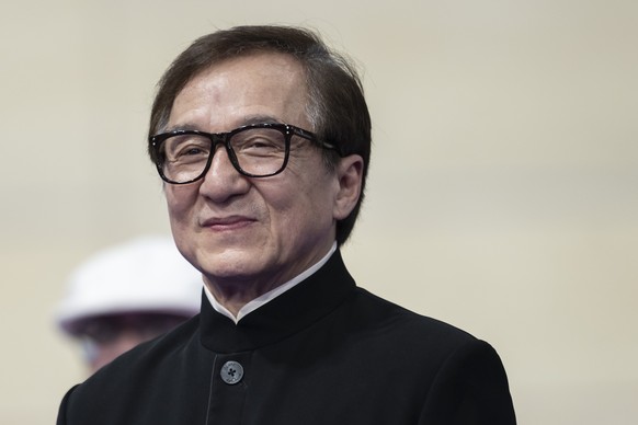 Actor Jackie Chan during the medal ceremony of the Women&#039;s C1-3 3000m Individual Pursuit at the Para Cycling Track at the Saint-Quentin-en-Yvelines Velodrome at the 2024 Paris Summer Paralympics  ...