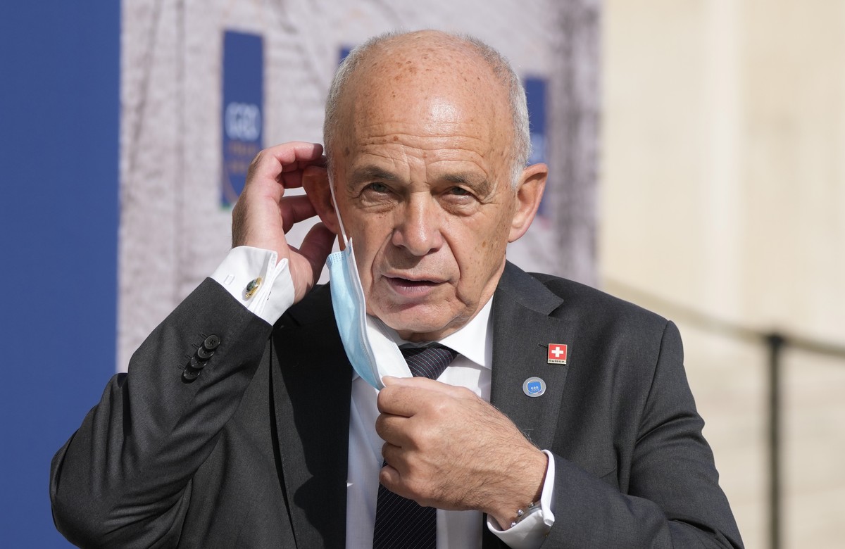 Switzerland's Finance Minister Ueli Maurer poses as he arrives for a meeting of G20 finance and health ministers at the Salone delle Fontane (Hall of Fountains) in Rome, Friday, Oct. 29, 2021. A  ...