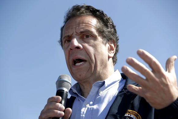 New York Gov. Andrew Cuomo speaks while atop a small boat about the recent news of the Manhattan District Attorney&#039;s office is investigating allegations of violence against women by state Attorne ...