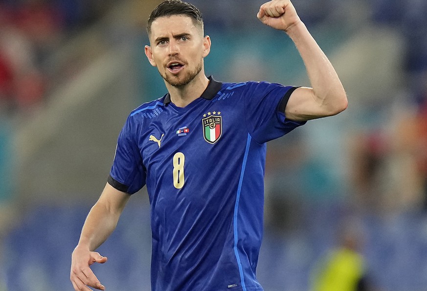 epa09278309 Jorginho of Italy celebrates after winning the UEFA EURO 2020 group A preliminary round soccer match between Italy and Switzerland in Rome, Italy, 16 June 2021. EPA/Alessandra Tarantino /  ...