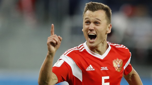 Russia&#039;s Denis Cheryshev celebrates after scoring his team second goal during the group A match between Russia and Egypt at the 2018 soccer World Cup in the St. Petersburg stadium in St. Petersbu ...