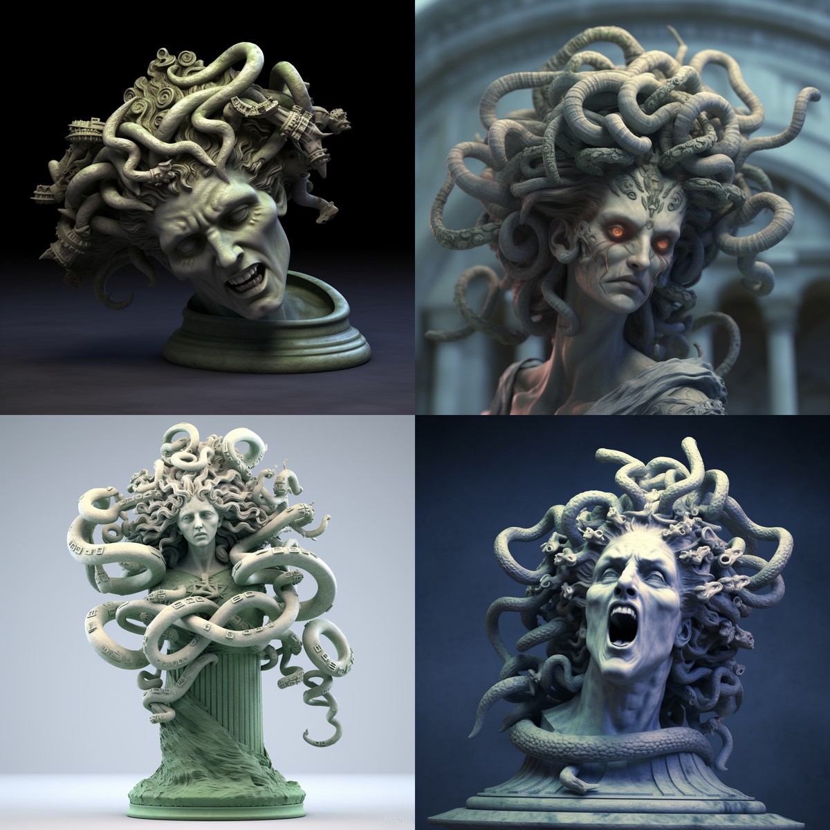 Medusa, das griechische Fabelwesen mit den Schlangen auf dem Kopf. KI-generierte Darstellungen.