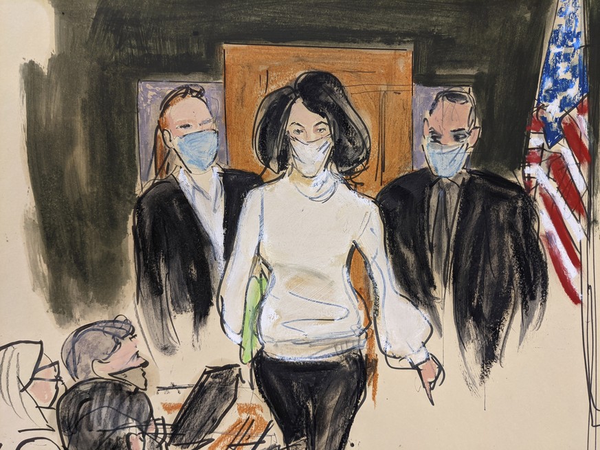 FILE ��� In this courtroom sketch, Ghislaine Maxwell enters the courtroom escorted by U.S. Marshalls at the start of her trial, Nov. 29, 2021, in New York. A judge has declined to throw out Maxwell��� ...