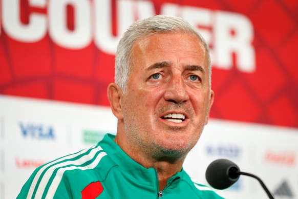 Algeria's head coach Vladimir Petkovic speaks during a press conference one day ahead of the World Cup round of 32 soccer match between Switzerland and Algeria at the BC Place stadium in Vancouve ...