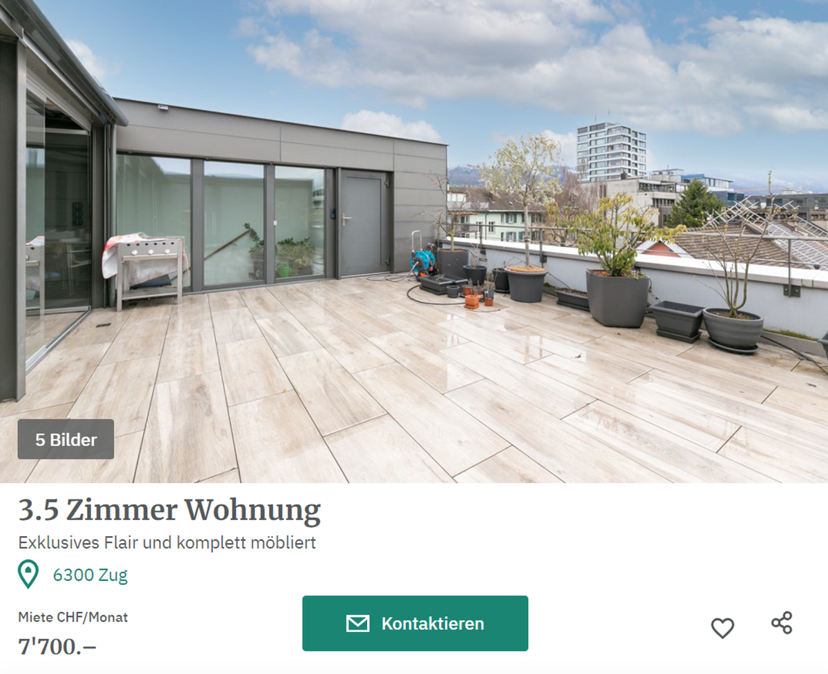 Teuere Wohnung / teures Wohnungsinserat in der Stadt Zug. Wohnung für 7'700 Miete im Monat.