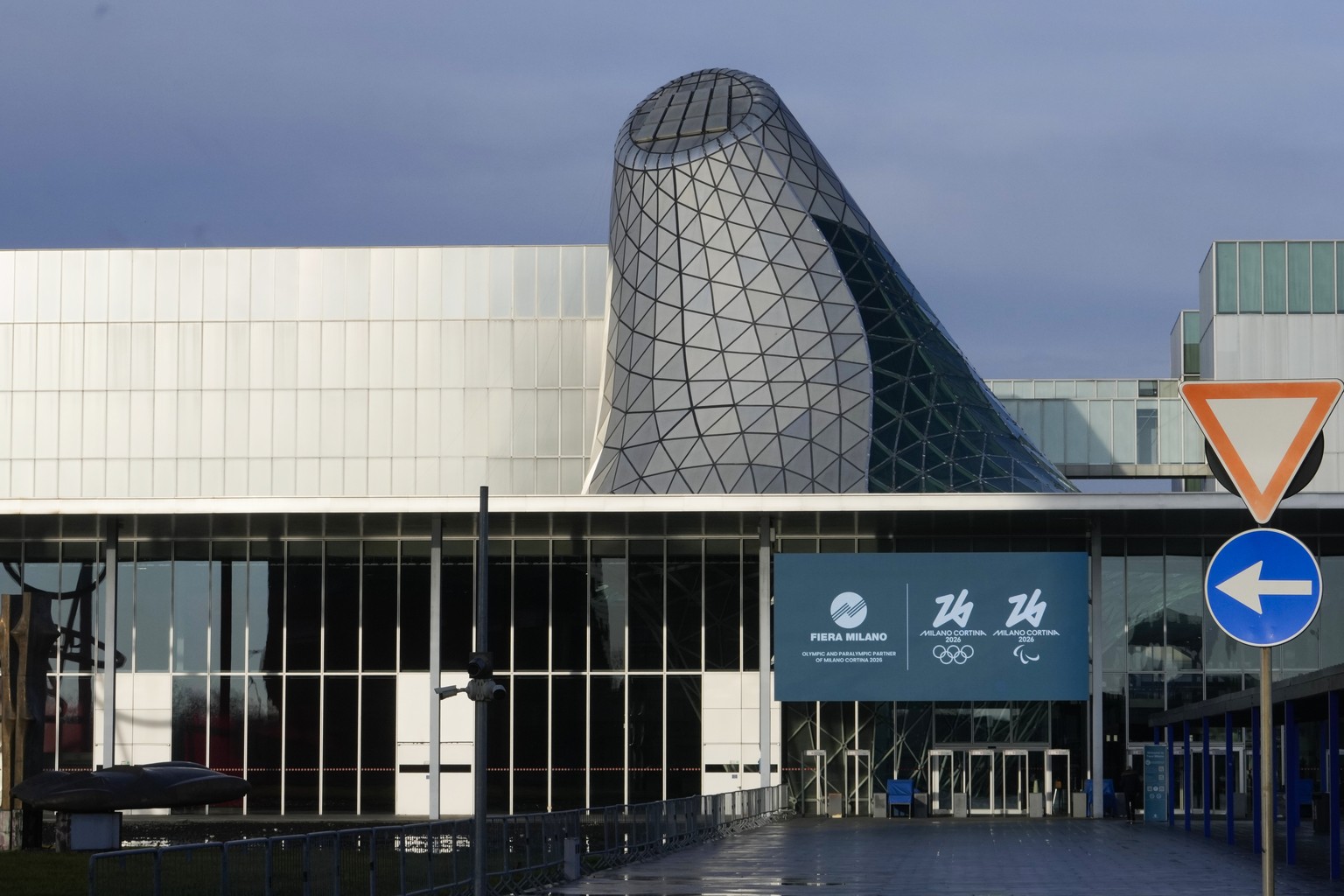 A view of the main entrance of the Rho Fair, which will be called Milano Ice Park, venue for the ice hockey and speed skating disciplines at the Milan Cortina 2026 Winter Olympics, in Rho, near Milan, ...