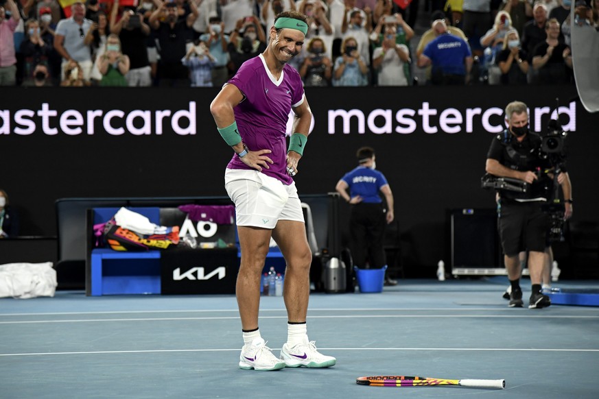Rafael Nadal of Spain celebrates his win over Daniil Medvedev of Russia in the men&#039;s singles final at the Australian Open tennis championships in Melbourne, Australia, early Monday, Jan. 31, 2022 ...