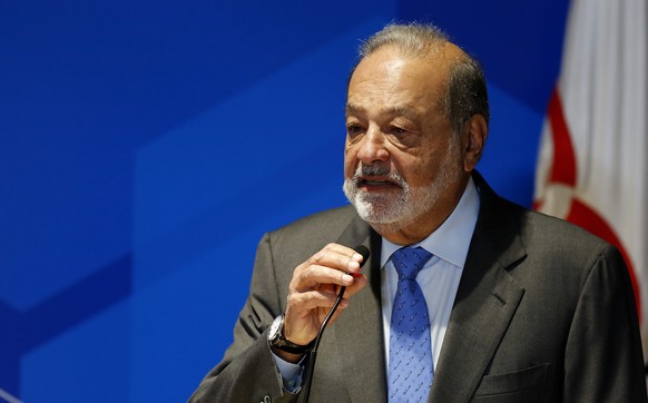 epa07084069 Business President of the Circle of Montevideo Foundation Carlos Slim delivers a speech during the opening of the 14th Plenary Meeting of the Circle of Montevideo, in Bogota, Colombia, 10  ...