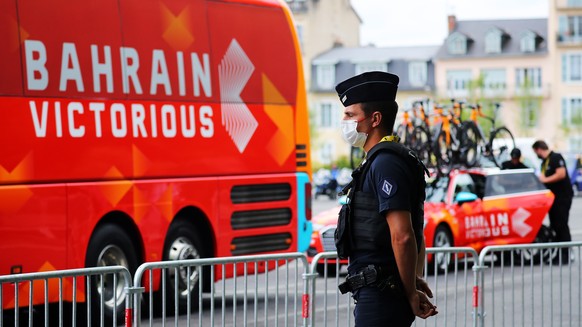 epa09345695 The team bus of Bahrain Victorious before the 18th stage of the Tour de France 2021 over 129.7 km from Pau to Luz Ardiden, France, 15 July 2021. Bahrain Victorious confirmed 15 July 2021 t ...