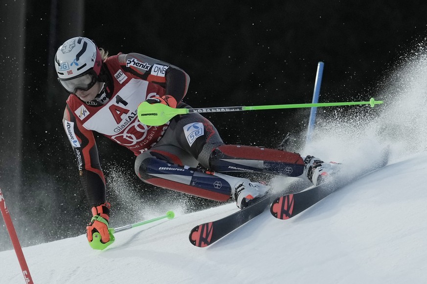 Norway&#039;s Henrik Kristoffersen speeds down the course of an alpine ski, men&#039;s World Cup slalom race, in Flachau, Austria, Wednesday, March 9, 2022. (AP Photo/Giovanni Auletta)