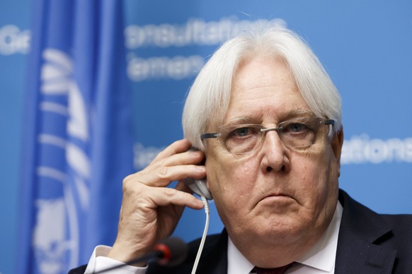 epaselect epa07004855 Martin Griffiths, UN Special Envoy for Yemen, takes a question during a new press conference on the Geneva Consultations on Yemen, at the European headquarters of the United Nati ...