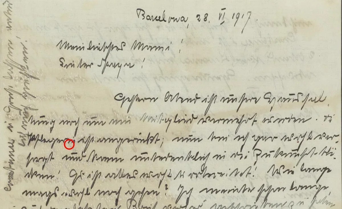 Traces d’un contrôle chimique sur une lettre datant de la Première Guerre mondiale.
https://katalog.burgerbib.ch/detail.aspx?ID=546407