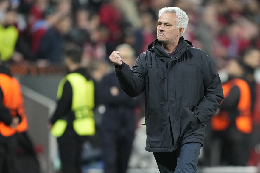 Roma&#039;s head coach Jose Mourinho celebrates after the Europa League semifinal second leg soccer match between Bayer Leverkusen and Roma at the BayArena in Leverkusen, Germany, Thursday, May 18, 20 ...