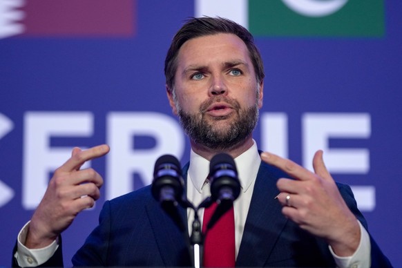 Vice President JD Vance speaks to members of the media before boarding Air Force Two, after the U.S. and Iran held high-level talks at the Bürgenstock Resort in Obbuergen, near Lucerne, in Switzerland ...