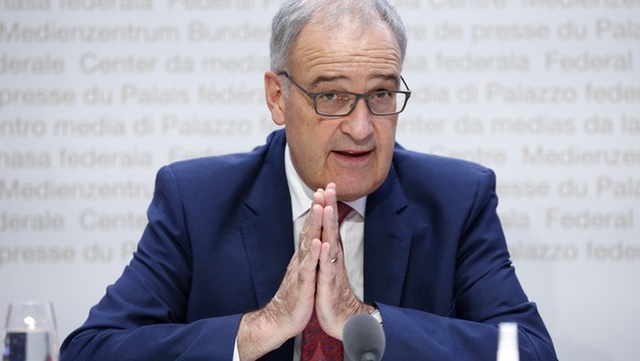 Bundespraesident Guy Parmelin spricht waehrend einer Medienkonferenz des Bundesrates zum EU-Rahmenprogramm fuer Forschung und Innovation &quot;Horizon Europe&quot;, am Freitag, 17. September 2021, in  ...