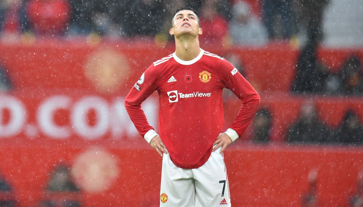 epa09567786 Cristiano Ronaldo of Manchester United reacts after the English Premier League soccer match between Manchester United and Manchester City in Manchester, Britain, 06 November 2021. EPA/PETE ...