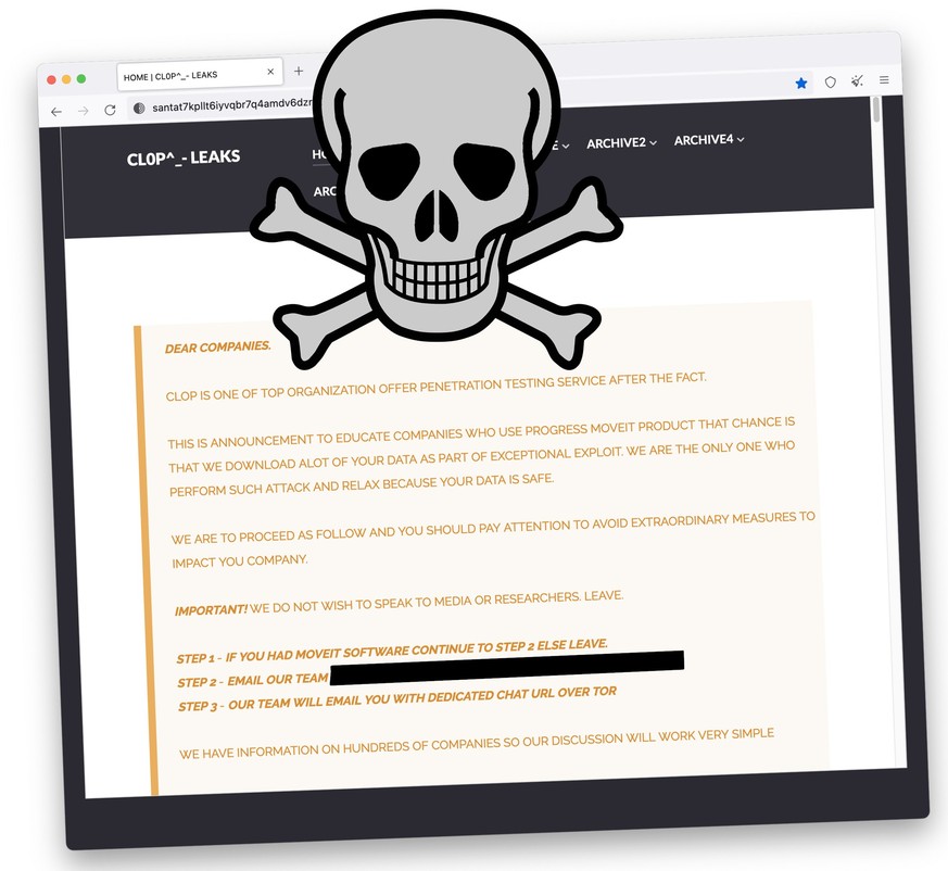 Drohung auf der Darknet-Seite der Ransomware-Bande Clop. (7. Juni 2023)