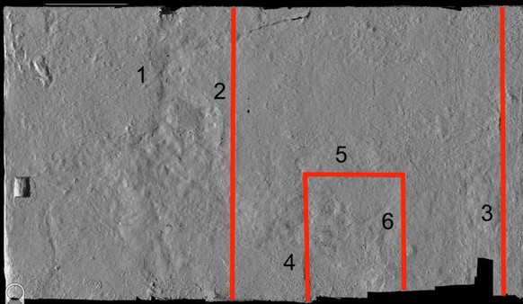 Nordwand der Grabkammer: Auf hochauflösenden Fotos hat Reeves Strukturen entdeckt, die darauf schliessen lassen, dass sich in der Wand eine Tür befunden hat. Dahinter könnte die Pharaonin bestattet wo ...