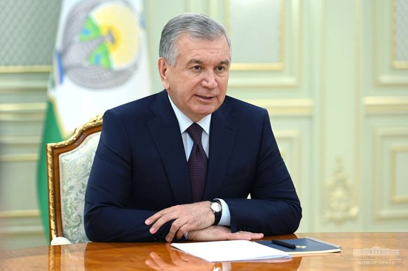 FILE - In this photo released by the Uzbekistan&#039;s Presidential Press Office, Uzbekistan&#039;s President Shavkat Mirziyoyev speaks during a meeting in Tashkent, Uzbekistan, Friday, April 28, 2023 ...